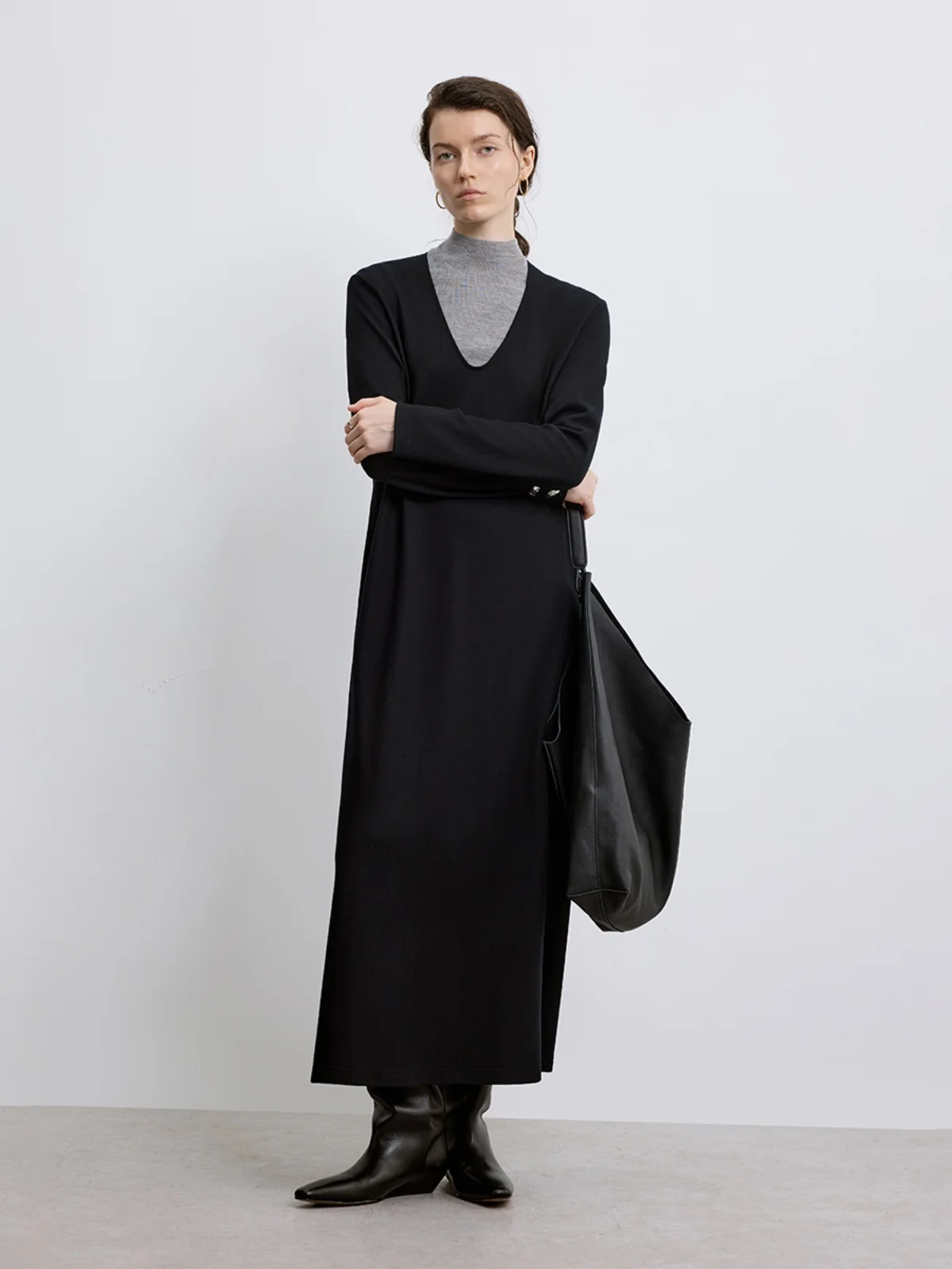 

High-End Skin-Friendly Waable Wool CleanFit Faionable UV Collar Paper Figure Dr Chic Commute Sle Long Sve Maxi Dr