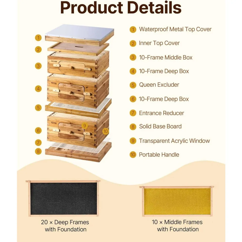 VEVOR Bee Hive 10 Frame Bee Hives Starter Kit، خشب التنوب المطلي بشمع العسل، 2 عميق + 1 صندوق نحل متوسط طقم خلية النحل Langstroth، Tran