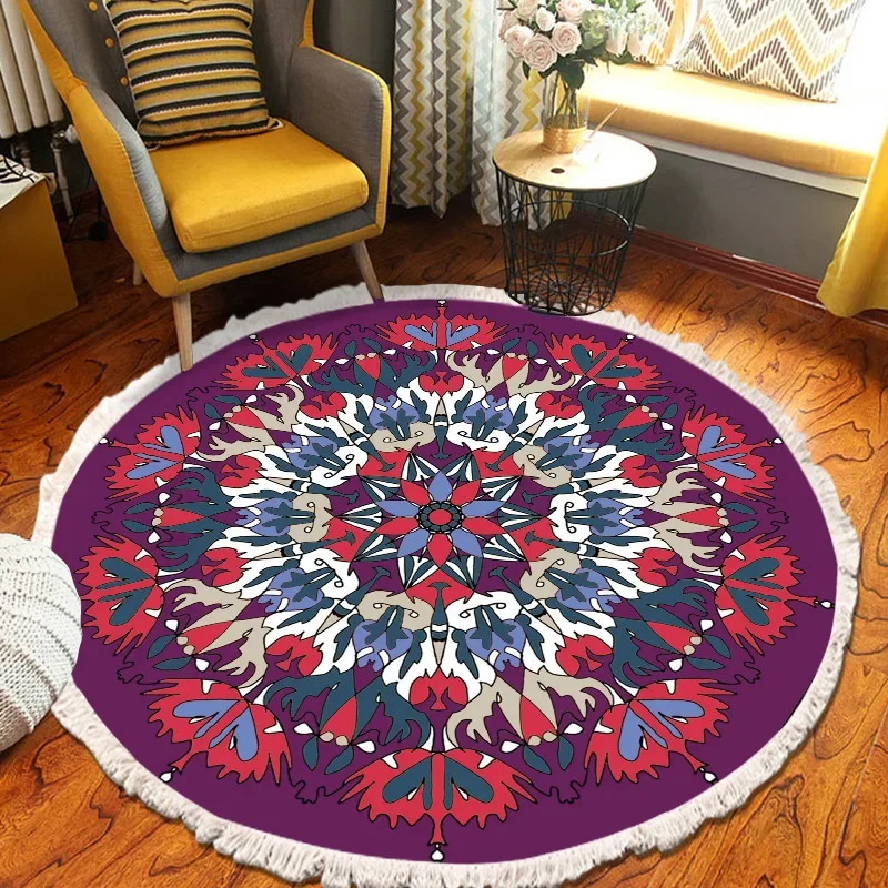 Retro Boho Round Bedroom Carpet with Tassel Door Bath Floor Chair Foot Mat Living Room Linen Persian Islam Prayer Rug Home Decor