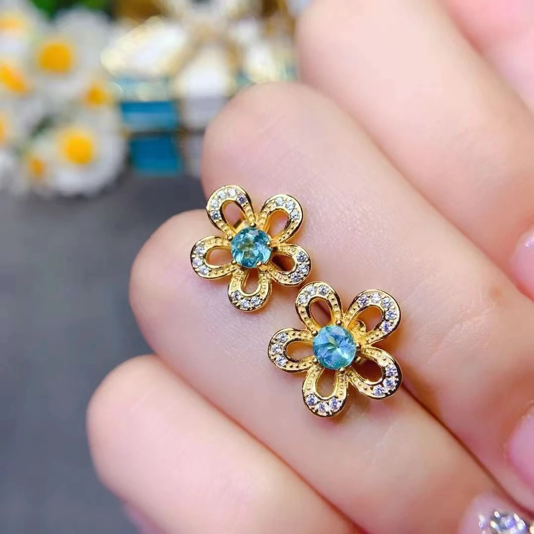 

Cute 925 Silver Flower Stud Earrings 4mm Natural Apatite Earrings 18K Gold Plated Apatite Jewelry for Daily Wear