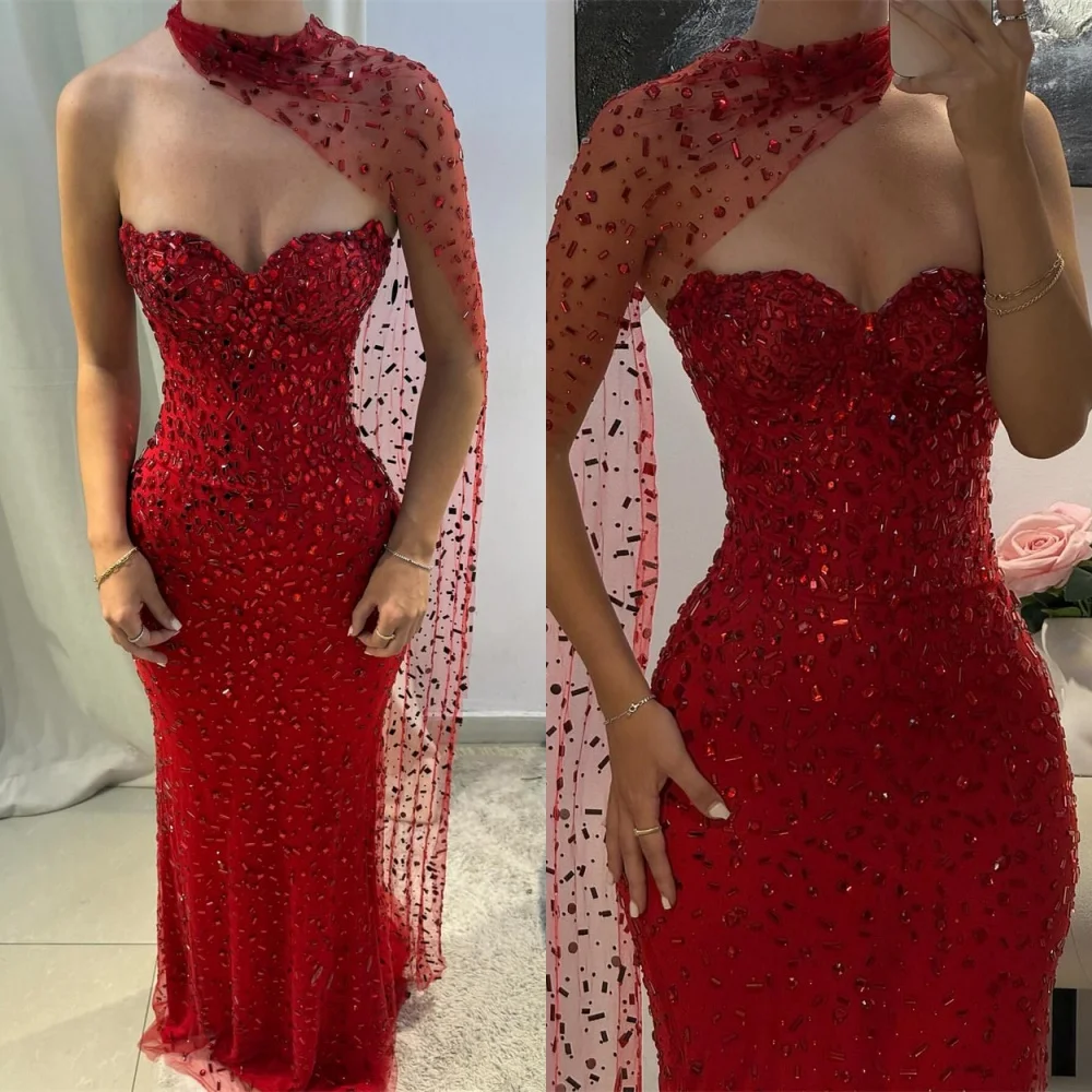 

Customized Mermaid Sexy Red Tulle Evening Dress Exquisite Strapless Sleeveless Homecoming Dresses Fashion Special Occasion Gowns