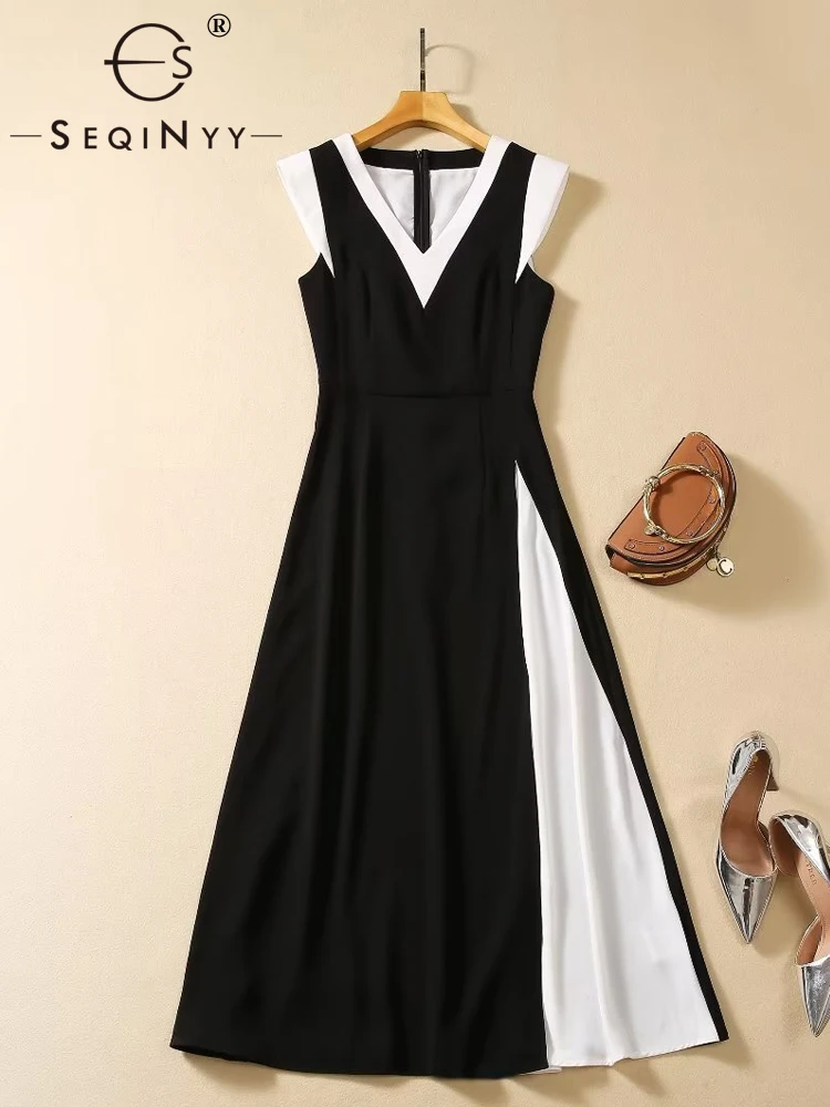 

SEQINYY Casual Dress Summer Spring New Fashion Design Women Runway High Street Black White Spliced Office Lady Elegant