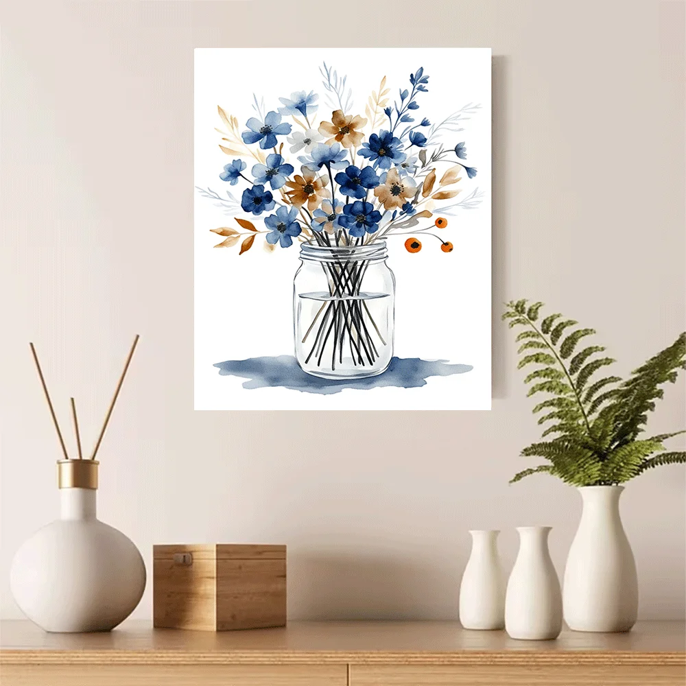 1PC-Unframed Canvas poster wall decoration  Blue Flowers in Mason Jar Watercolor Art Print
