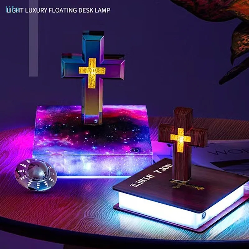 New Maglev Cross Table Lamp Levitating Cross Lamp Jesus Blessing Light Luxury Base Colorful Light Transformation Starry Sky