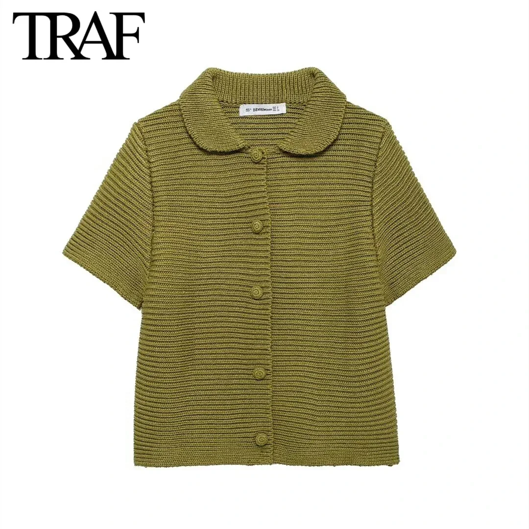 TRAF Women Fashion New 2024 Short Sleeve Single-breasted Lapel Knitted Jacket Sweater Cardigan Chic Female Knit Coat Mujer