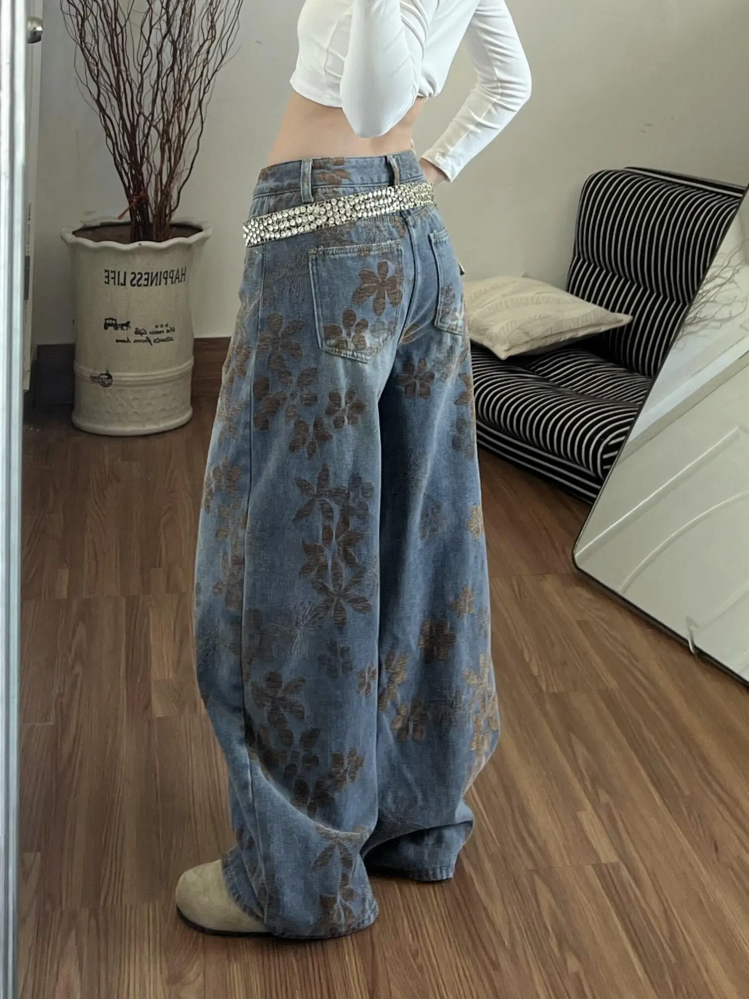 Retro American Floral Print Wide Leg Jeans Women's Autumn Winter Loose Fit Slimming High Waist Denim Pants Casual Style