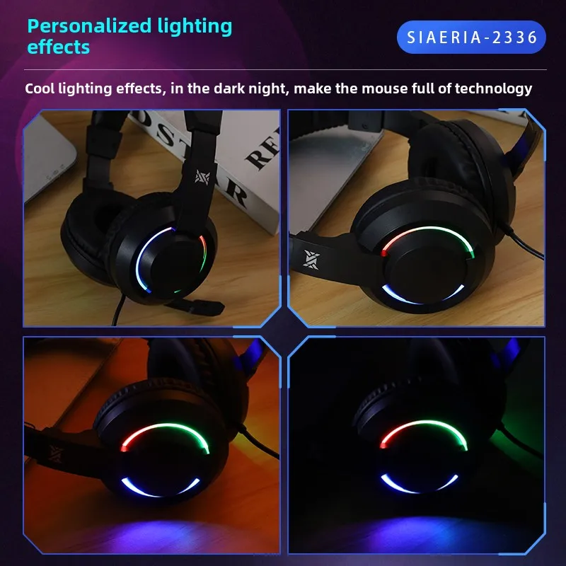 Head mounted gaming headphones adjustable with LED lights Ultra light Cable RGB Headsets for USB interface