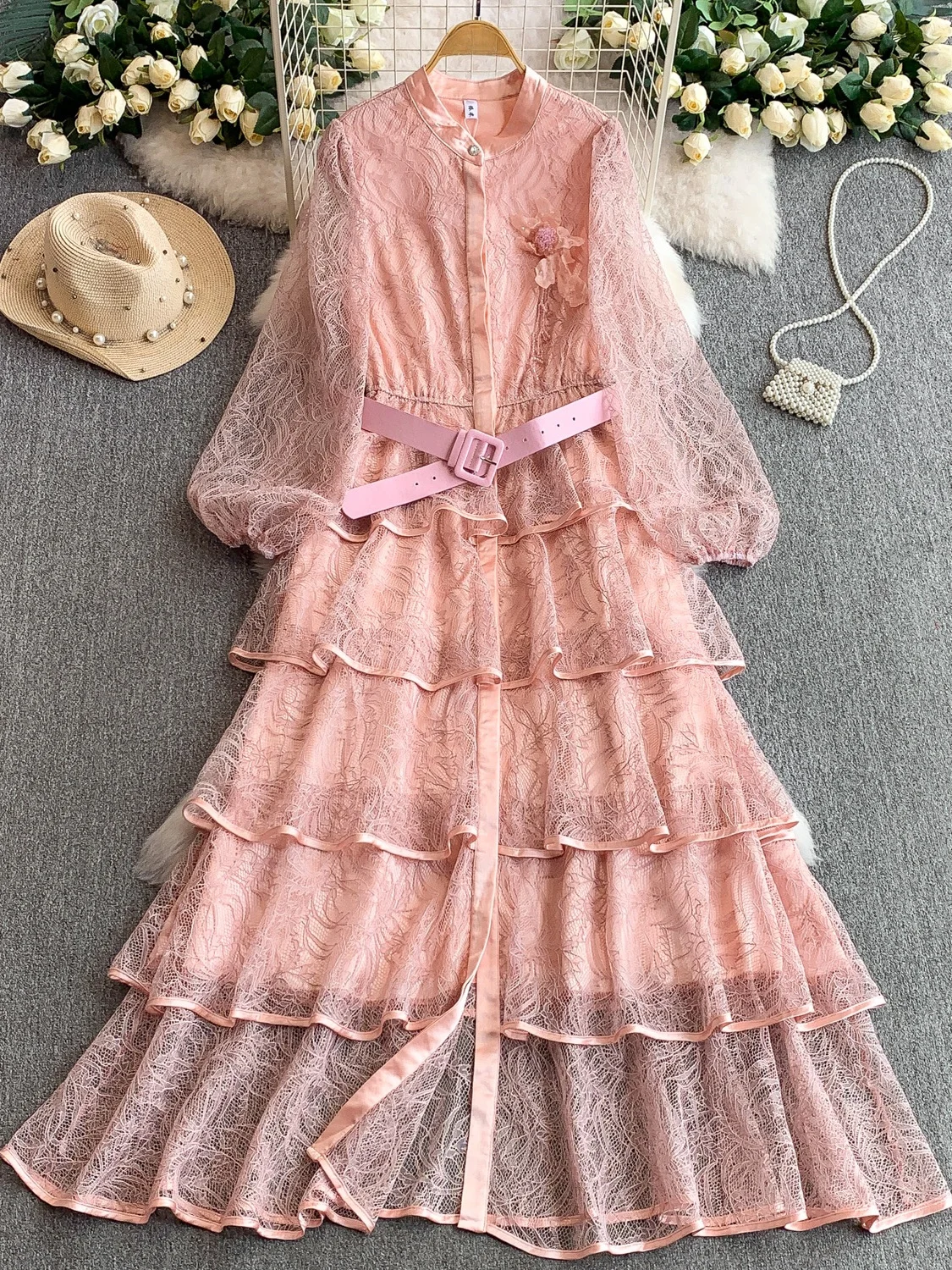 Vestido F E de Renda Floral com Manga Longa e Gola Alta, Estilo Camadas, Cintura Alta, Estilo Coreano, para o D...