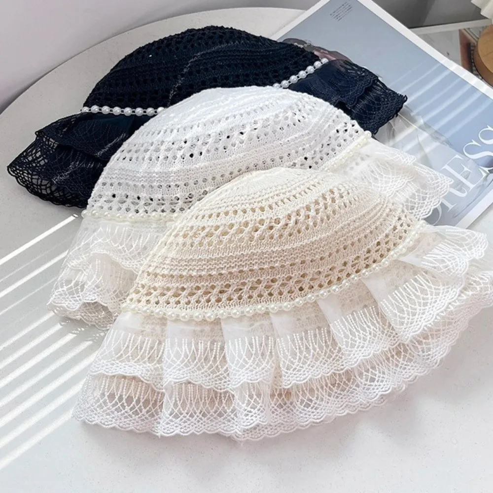 Hollow Knit Texture Bucket Hat Pearl Decor Foldable Design Sun Hat Anti-UV Fabric Lightweight Material Fisherman Hat