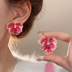 Cute Oil Dropping Blue Flower Earrings for Women Retro Petal Pink Flower Stud Earring Summer Jewelry Fashion Ear Accessories New