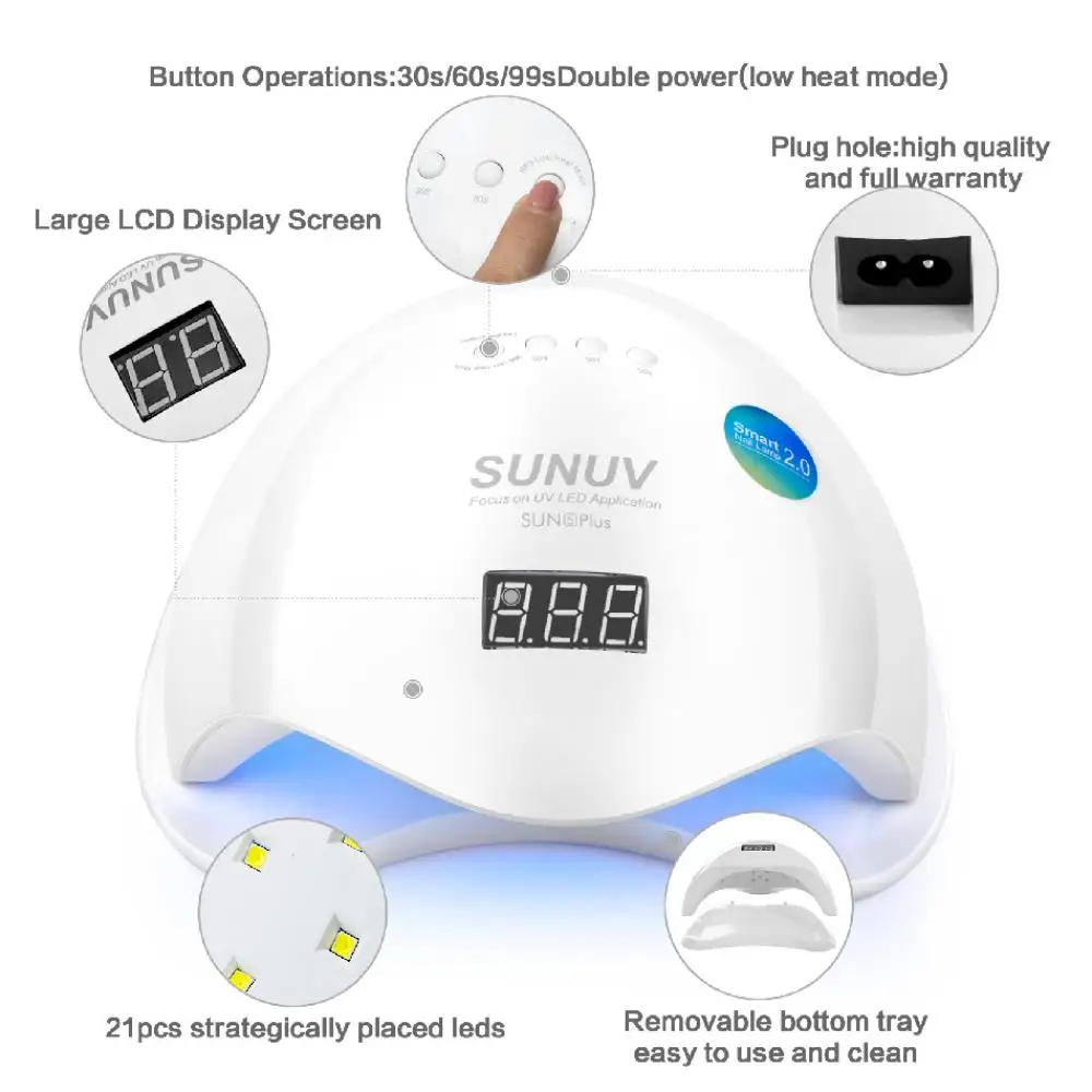 Sun5Plus UV Lâmpada LED, Secador de unhas para todos os tipos, Gel Polish, 99s Low Heat, 36 LEDs, Lâmpada para unhas de duas mãos, Art Machine, 48W