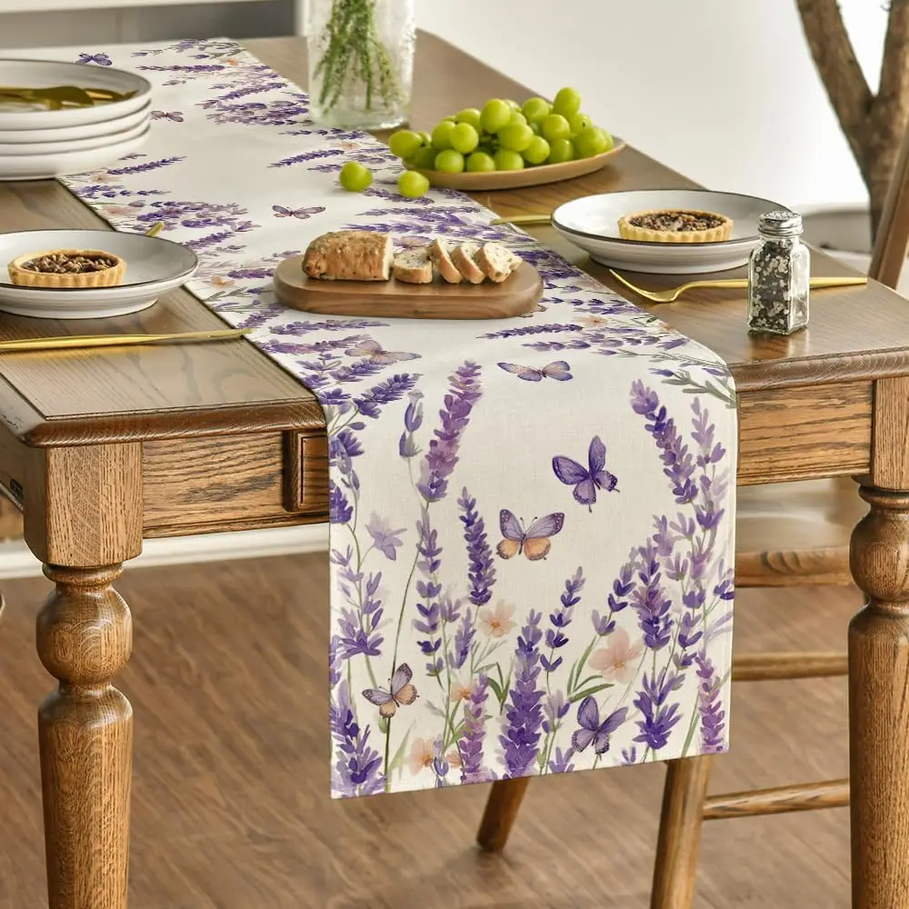Spring Purple Lavender Print Table Runner, Reusable, Farmhouse Kitchen Dining Table Wedding Celebration Table Runner