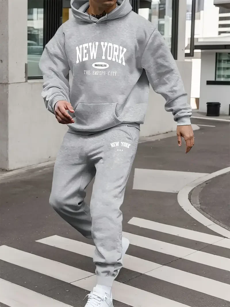 Men's Velvet Thickened Sports Set New York Letter Printed Spring and Autumn Hoodie Set Long Sleeve Casual Comfortable Pocket Hoo
