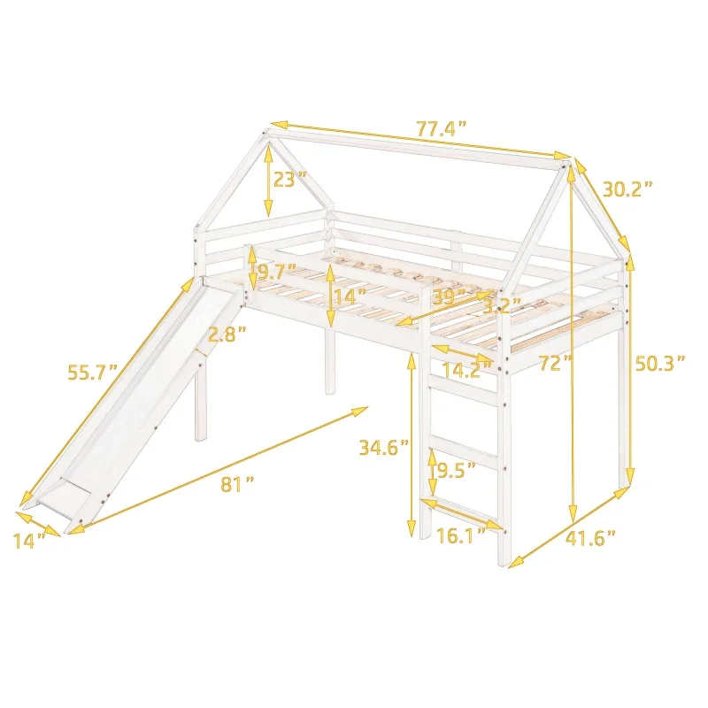 Cama loft de tamaño doble con tobogán, cama de casa con tobogán, blanco