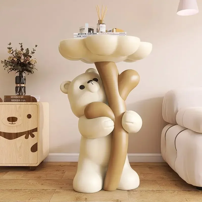 50cm/62cm Cartoon Bear Embracing Flowers Table Landing Side Coffee Table Living Room Bedroom Table Children'S Room Decoration