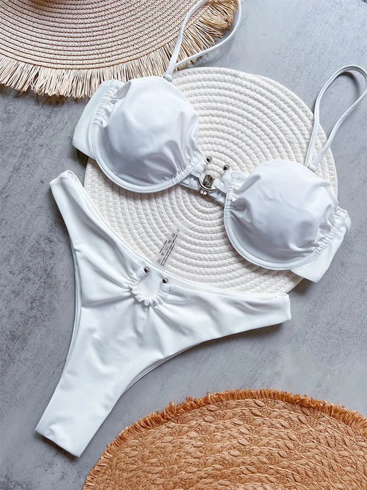 Vzvn Sexy White Spaghetti Strap Thong Bikini 2 Piece Set Women Split Swimsuit Beach Bikinis 2025 New Summer Swimwear Bikinis Set