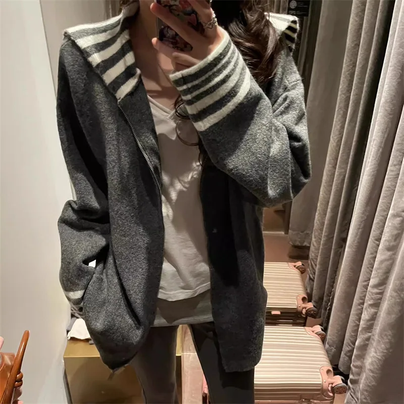 Damski kardigan w paski z kołnierzykiem marynarskim, jesień Y2K Harajuku, obszerny, dzianinowy płaszcz, elegancka kurtka z podwójnym zamkiem błyskawicznym.