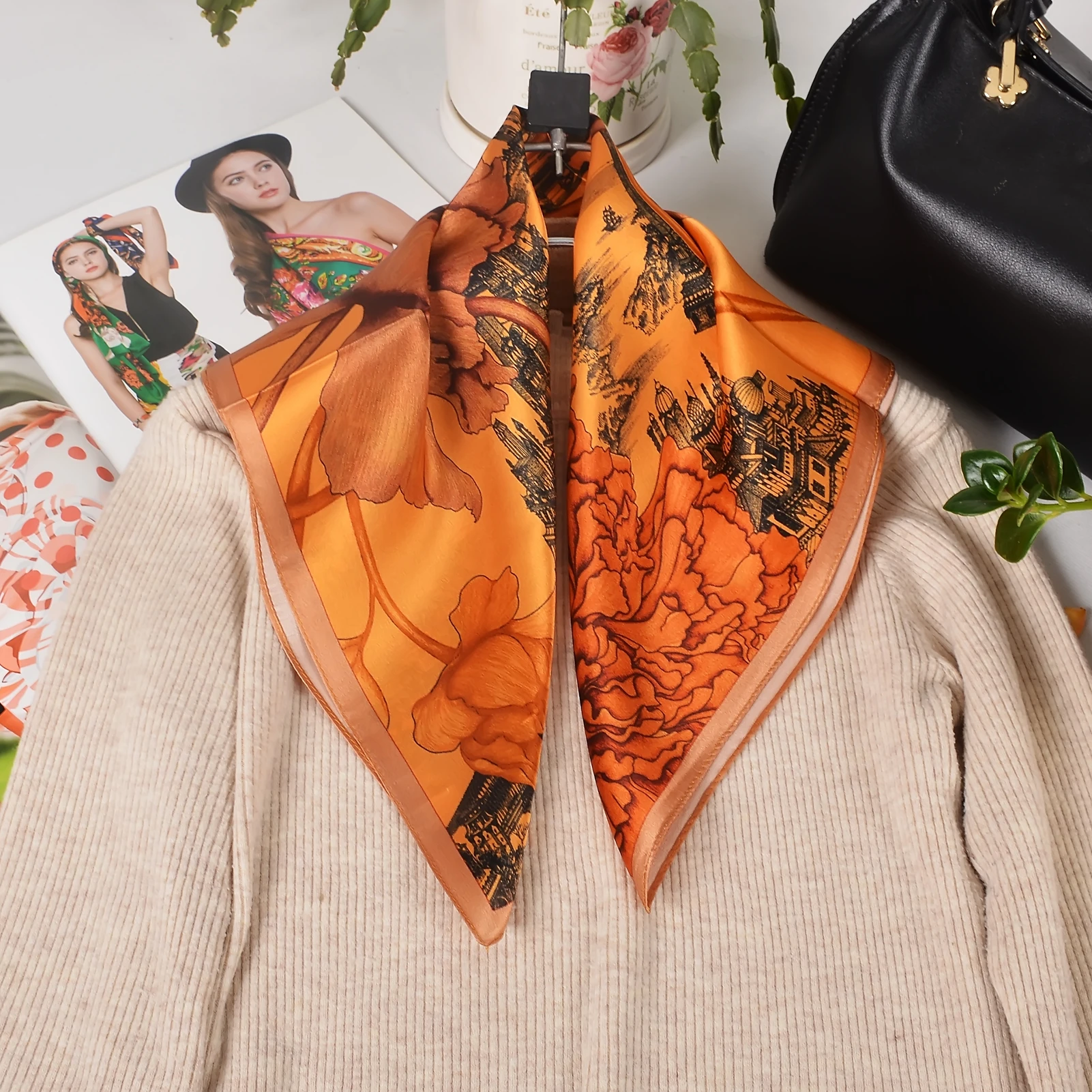 

[BYSIFA] Легкий женский шелковый платок-хиджаб 100% шелк, элегантный дизайн с пионами, головной платок-повязка, весенне-осенний квадратный платок 53*53 см