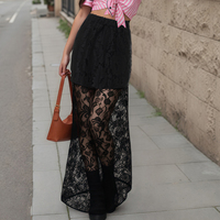 Lace Flower Crochet Long Skirts for Women Chic Stylish Low Waist See-Through Midi Skirts for Streetwear Aesthetic Clothes