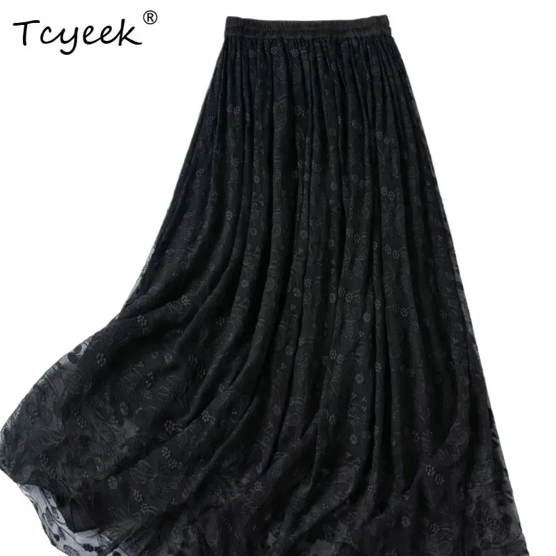 Tcyeek 100% Real Silk Women Skirts 2026 Spring Elastic Waist Flowing Embroidered Black Skirt Ladies Clothing Faldas Para Mujeres