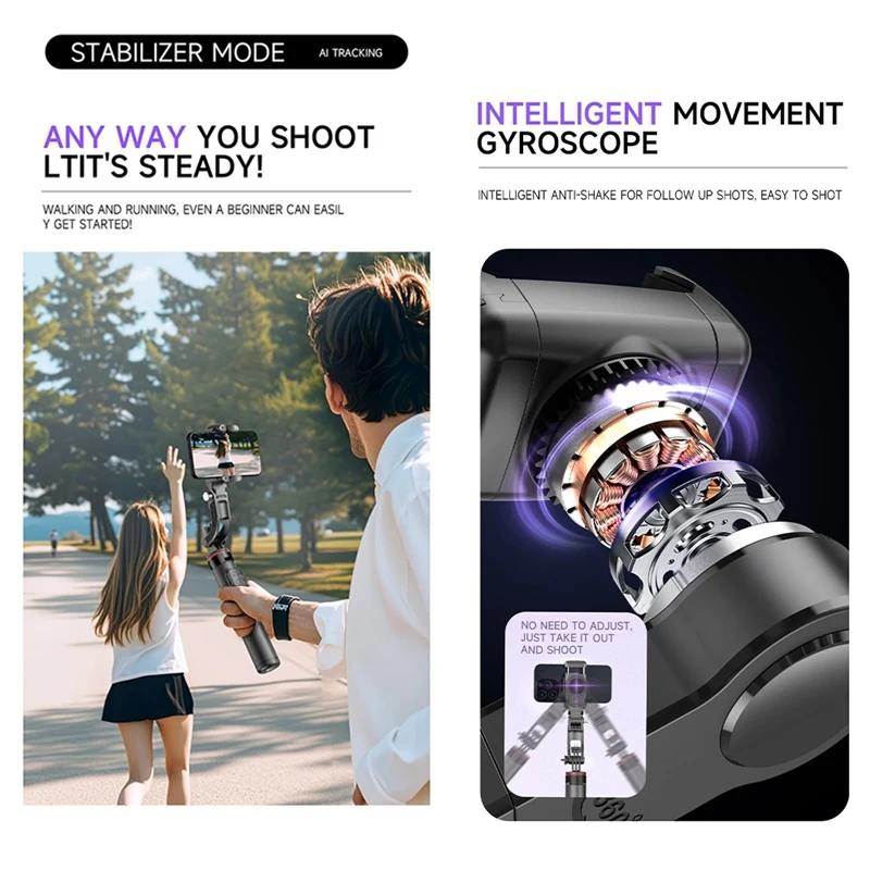 

Ручной стабилизатор подвеса с искусственным интеллектом для отслеживания лица 360° ° Магнитная пульт дистанционного управления для селфи, штатив для смартфона, винт 1/4 дюйма, A74P