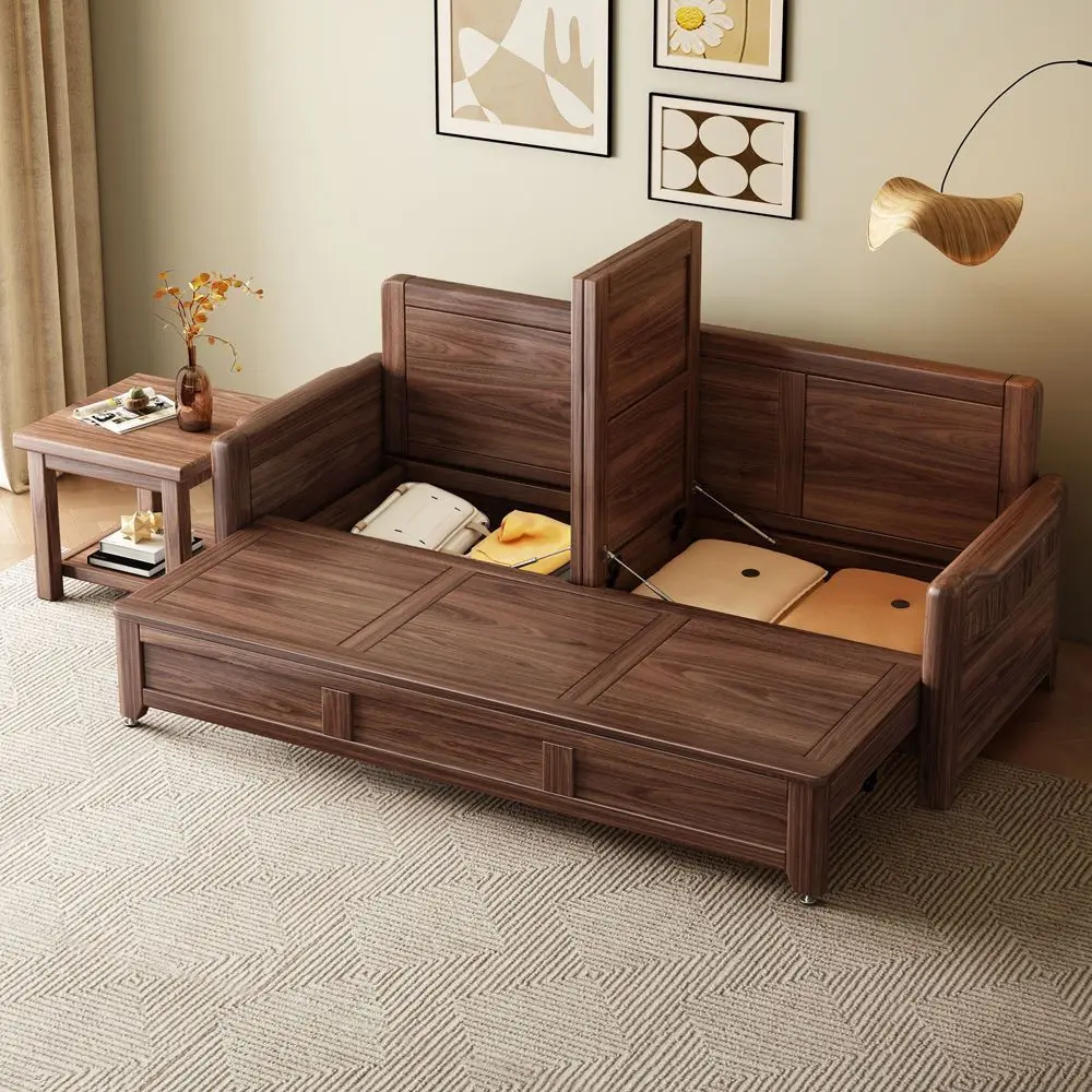 Sofa bed folding and dual-use, black walnut solid wood storage sofa pull-out bed, bestseller