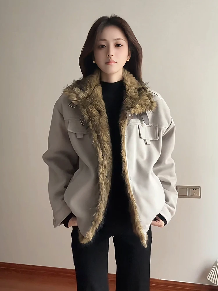 

Серая куртка в американском стиле с воротником из искусственного меха, хлопковая, утепленная флисом, короткая, на молнии, для мужчин и женщин, зимняя, теплая