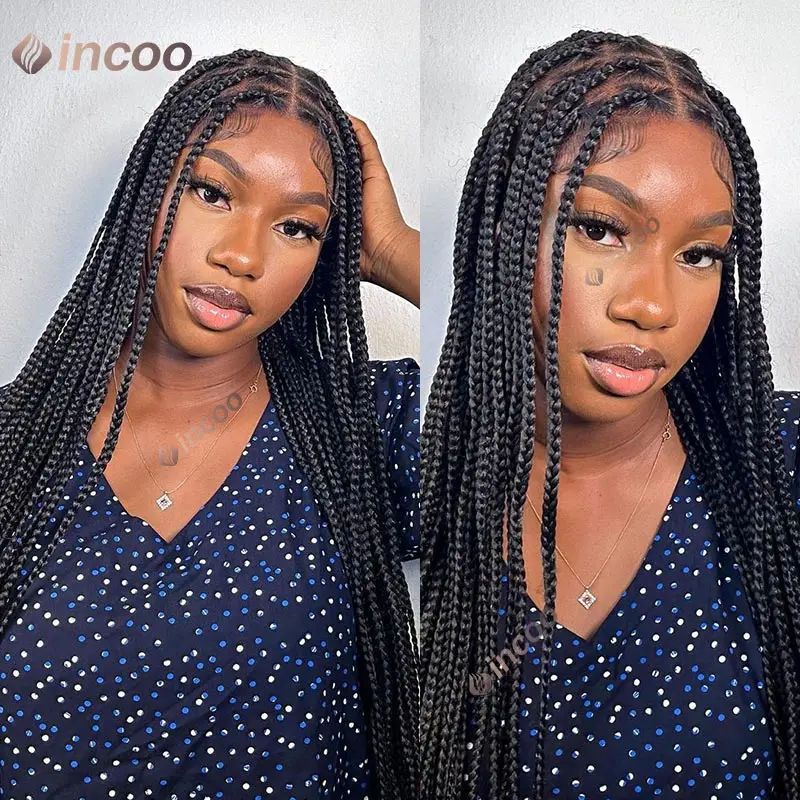 

36 ''Богиня Box плетение волос парик из искусственных локонов полный кружевной фронтальный парик без узлов косички синтетический парик для чернокожих женщин