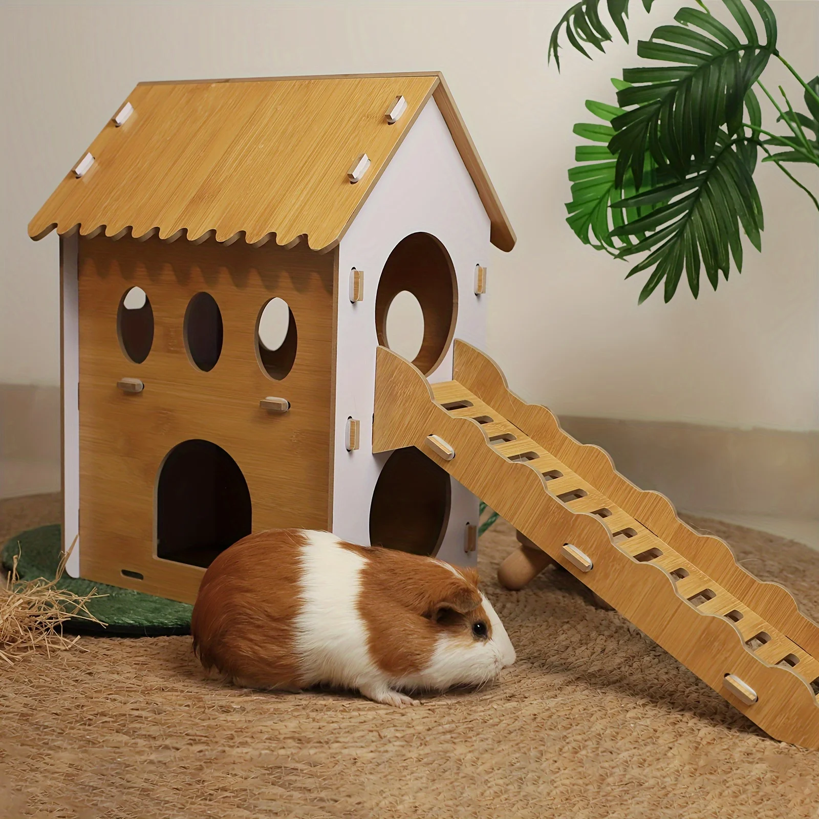 

Guinea Hideout 2 Story Wooden Castle Hidey, With Loft & Stairs Small Animal House Rodent Toys Hut For Chinchilla Hamster Gerbil