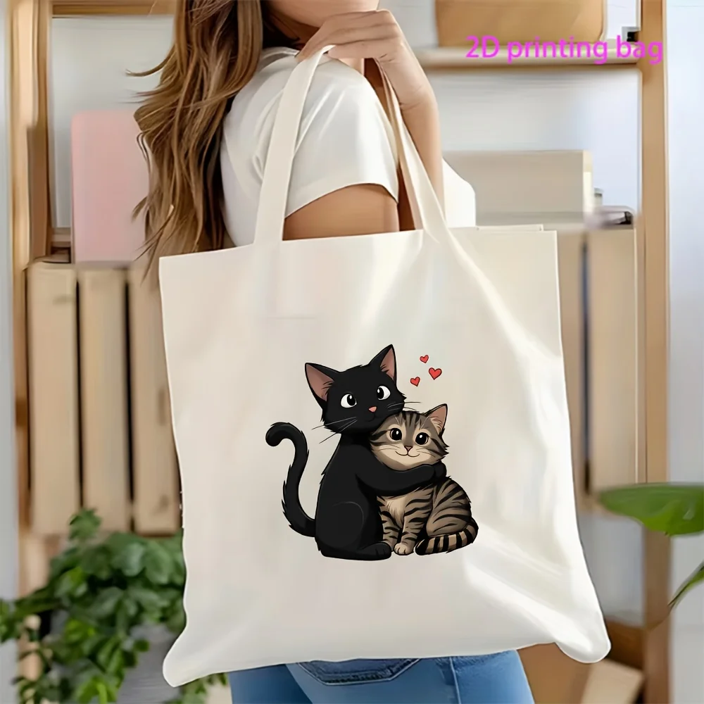 A Cute Tabby Cat Print Tote Bag, Suitable for Cat Owners, Reusable Canvas Shoulder Bag with a Couple Embracing Kittens Design, Perfect for Shopping, Pet Enthusiasts' Gifts, Travel, School, and Housewarming