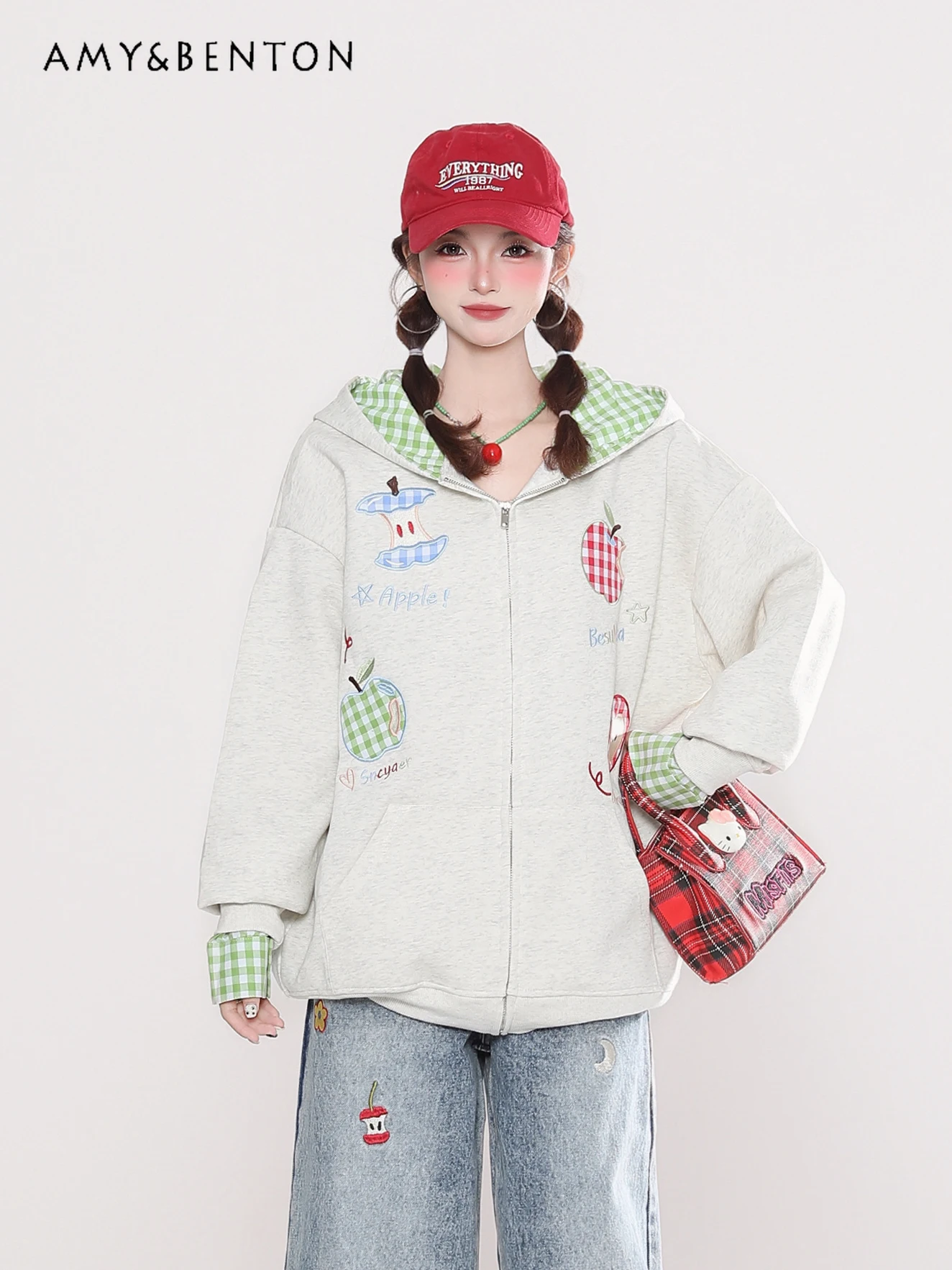 

2025 Spring and Autumn New American Style Women's Apple Embroidery Plaid Hooded Gray Sweatshirt Blue Loose High Waist Jeans