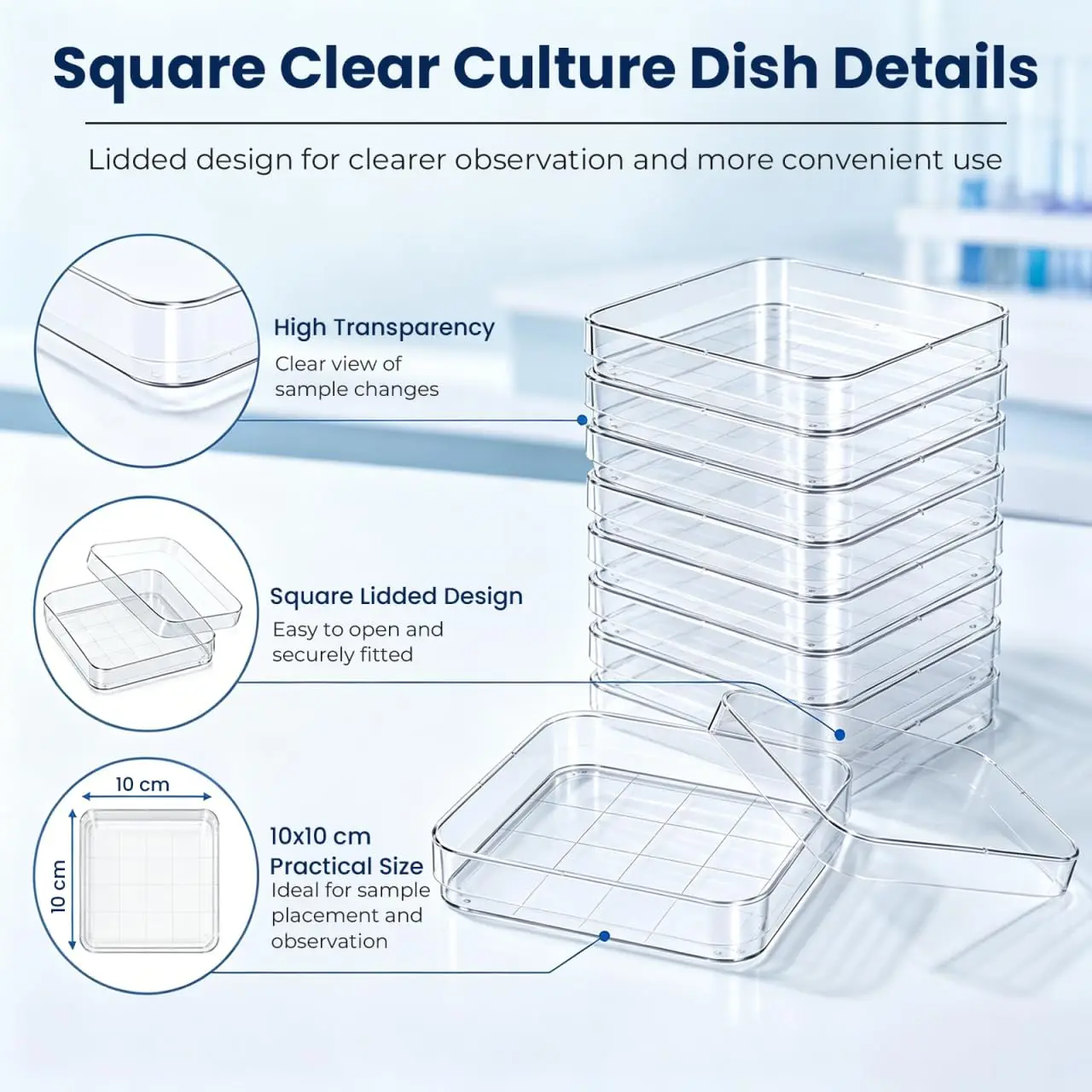 10X10cm Disposable Plastic Polystyrene Square Petri Dish 10pcs Grid Pattern Agar Plates for Lab Experiments Science Projects