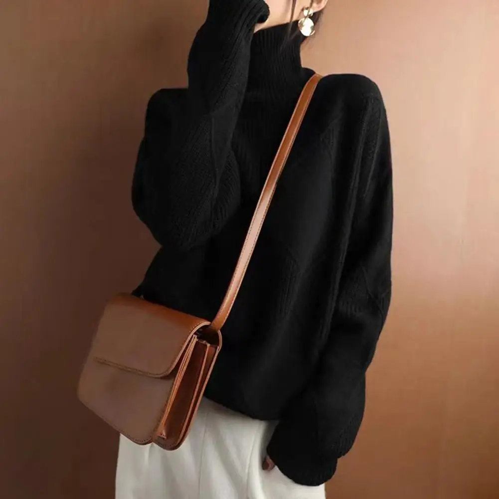 Women\'s Solid Color Loose Pullover Knitted Sweater Autumn Winter New Sweater Top Women\'s Long Sleeve High Collar Warm Sweater