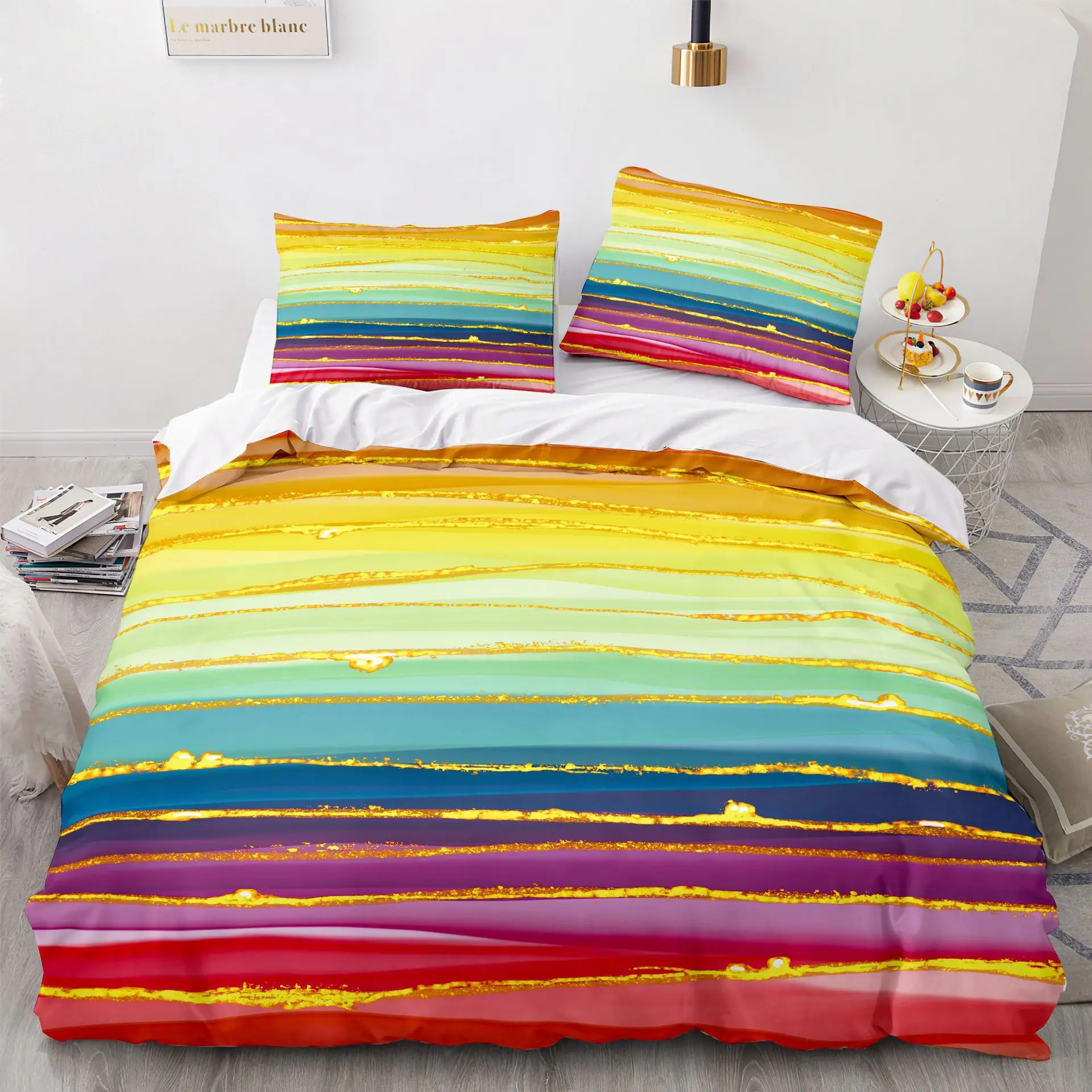 Rainbow King Queen Duvet Cover Beautiful Colorful Glitter Bedding Set for Kids Girls Shining Abstract Art 2/3pcs Comforter Cover