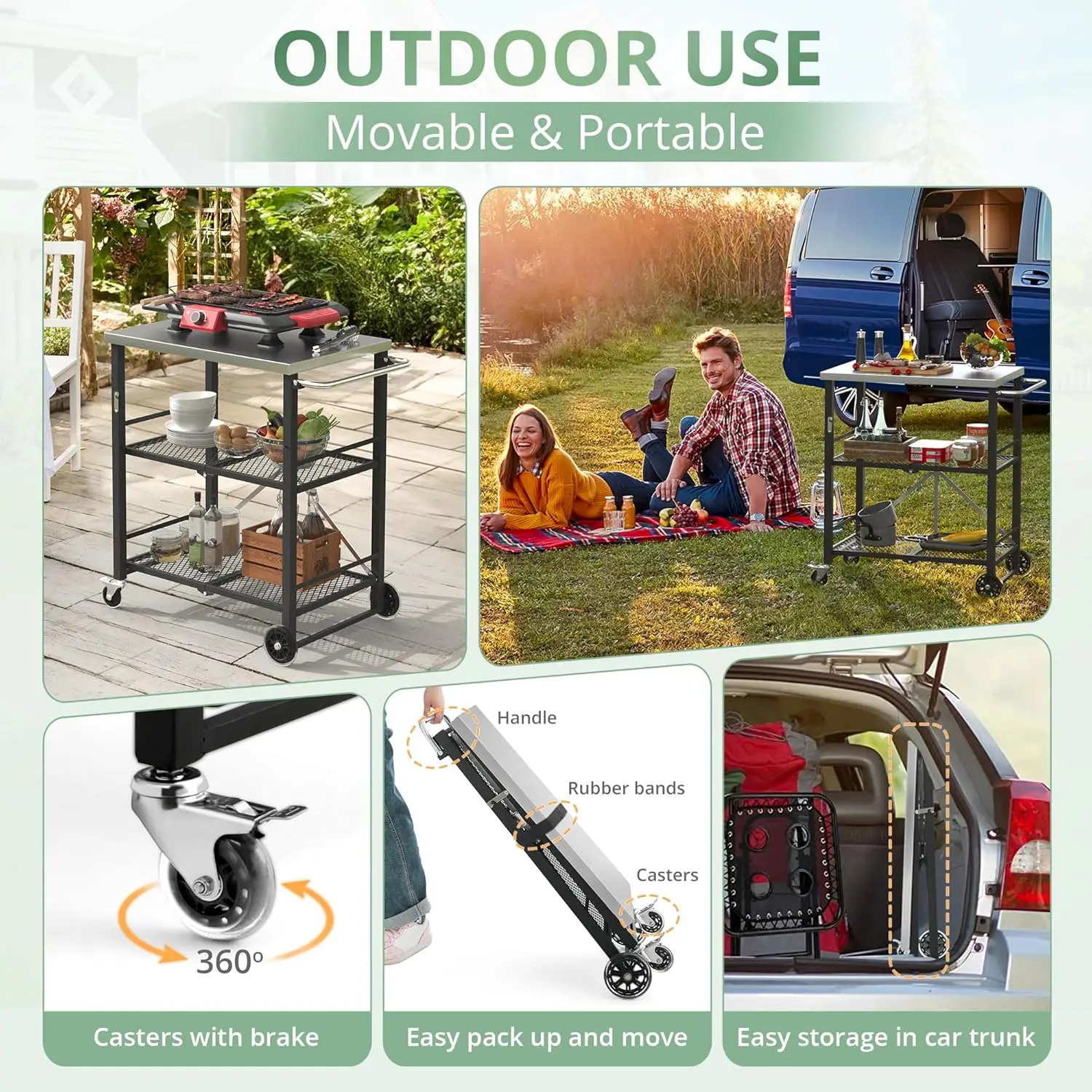 Foldable Outdoor Grill Cart with 2 Total Lock Casters, Stainless Steel Oven Stand, Rolling BBQ Table and 3 Shelf Folding Island