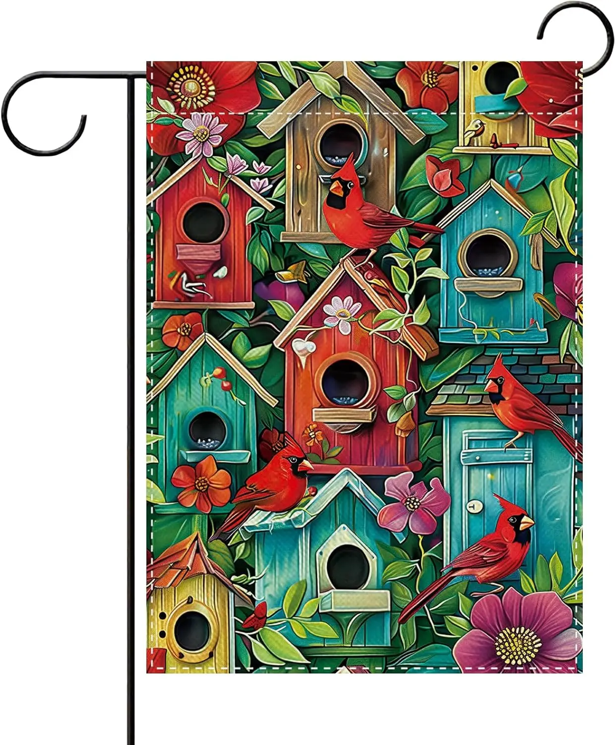 Spring Summer Cardinal Birdhouse Decorative Garden Flag, Farmhouse Red Bird Floral Small Yard Outside Decorations, Flower Bo EEZ