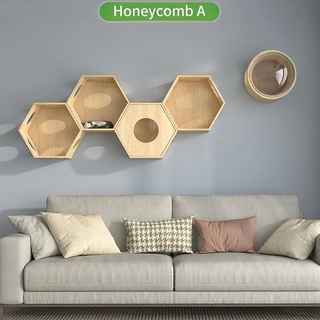 Luxury Wall-mounted Solid Pine Wood Cat Climbing Frame with Jumping Board Platform DIY Customizable for Apartment Wall Space