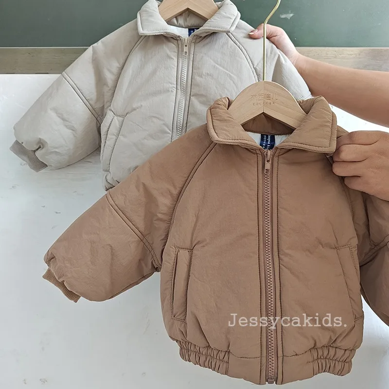 

2025 Winter New Children Long Sleeve Warm Coat Solid Girls Lapel Zipper Cardigan Boys Cotton Padded Jacket Kids Casual Jacket