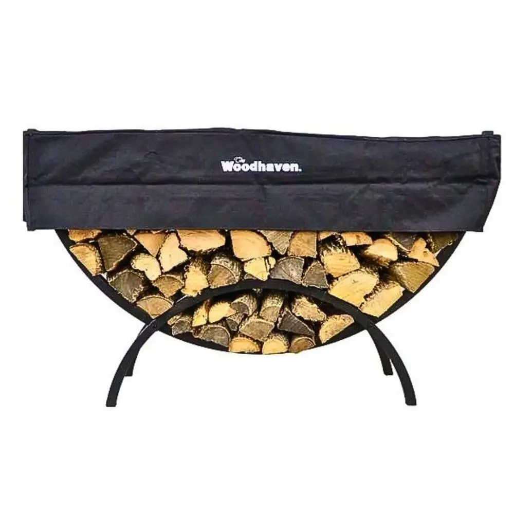 

5 Foot Black Crescent Firewood Rack With Cover Heavy Duty Made In USA Powder Coated Steel Wood Holder