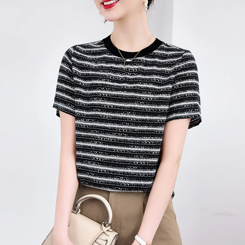 2026 Summer 100% Real Silk Women's Striped T-shirt Short Sleeve Elegant T-shirts Tees for Women Tops Tshirt Casual Woman T Shirt