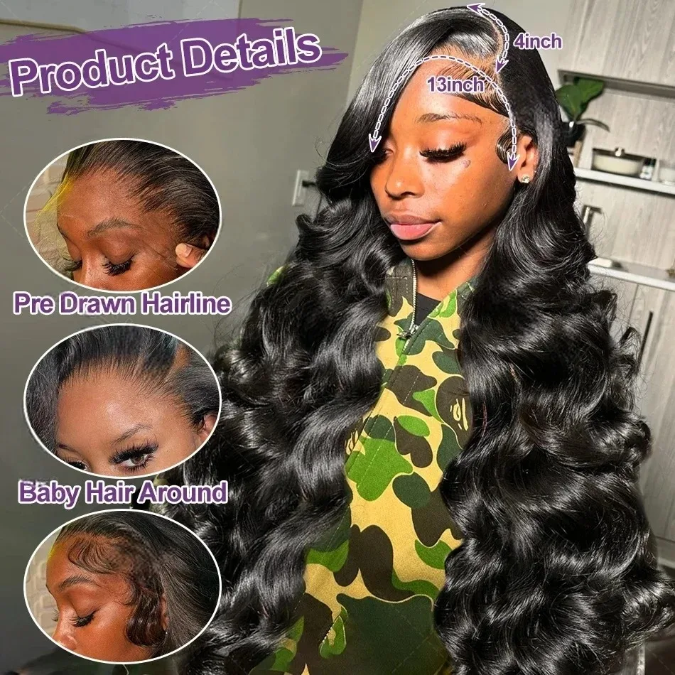 250Density Body Wave 30 40 Inch Human Hair 13x4 HD Lace Frontal Wig Loose Black 13x6 Lace Front Wigs WearGo 5x5 Glueless Closure