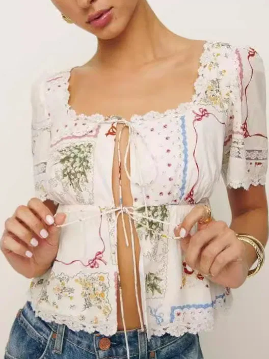 

Новый женский тонкий летний топ из полиэстера с рюшами и принтом Faion ort Sve Casual irt Sweet Sle Straight Cut