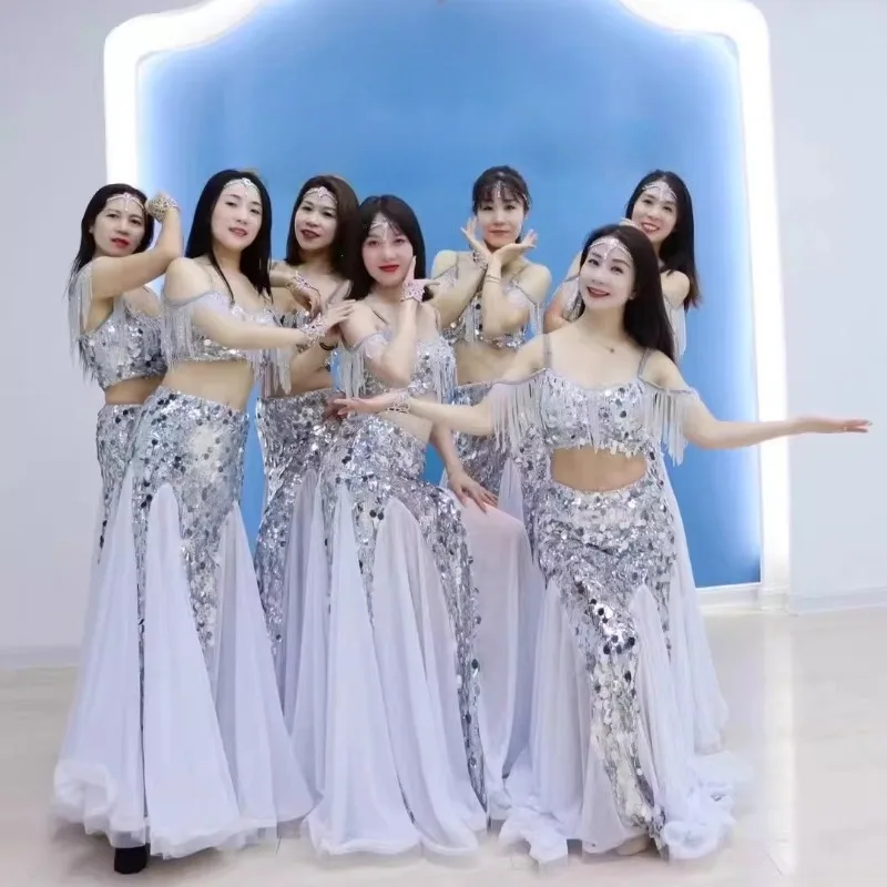 맞춤형 밸리 댄스 의상 화이트 다이아몬드 드레스 공연 의상 오리엔탈 댄스 키즈 성인 술 스팽글 브래지어와 롱 스커트