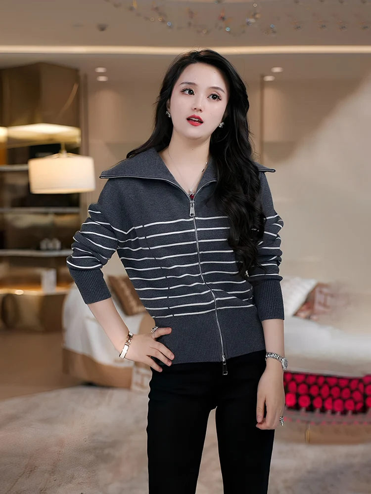 

Korean Sle Women's Knitted Woolen Sweater Striped Aesthetic Large Collar Spring Autumn Design Casual Loose Fit Long Sve