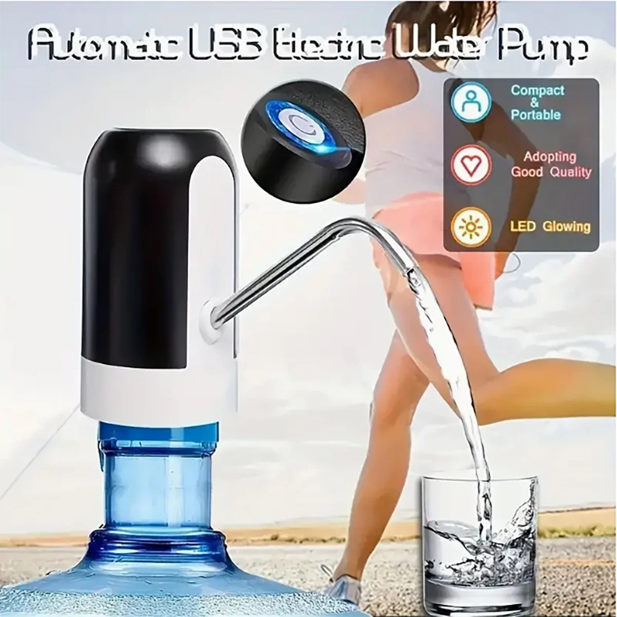 Bomba de agua de barril, bomba de agua eléctrica inalámbrica, dispensador de agua automático recargable por USB con luz LED azul.