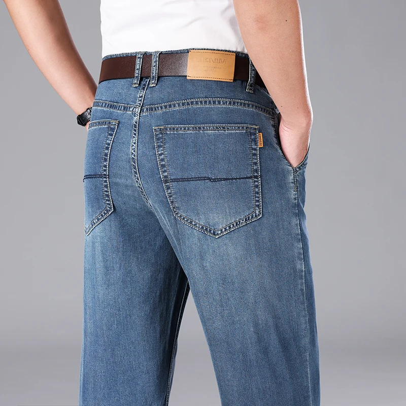 Summer Thin Jeans Men's Middle-Aged Business Office High Waist Loose Straight Stretch Breathable Ice Silk Men's Pants