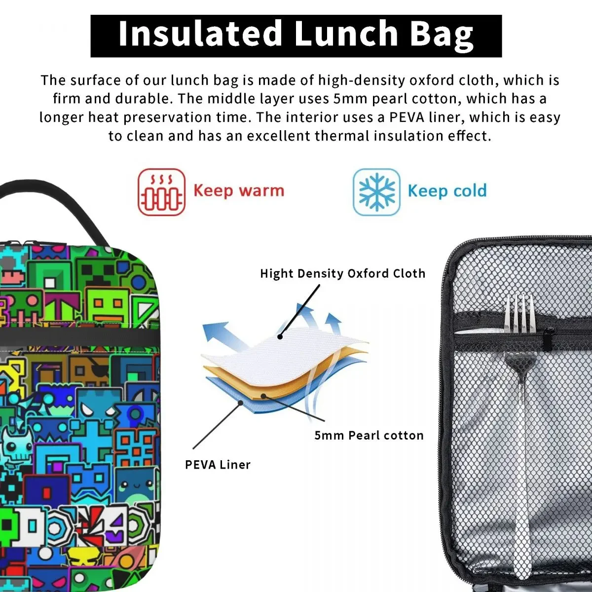 Geometry Cube Gaming Dash Pattern Insulated Lunch Bags Portable Reusable Cooler Bag Tote Lunch Box Beach Picnic Girl Boy