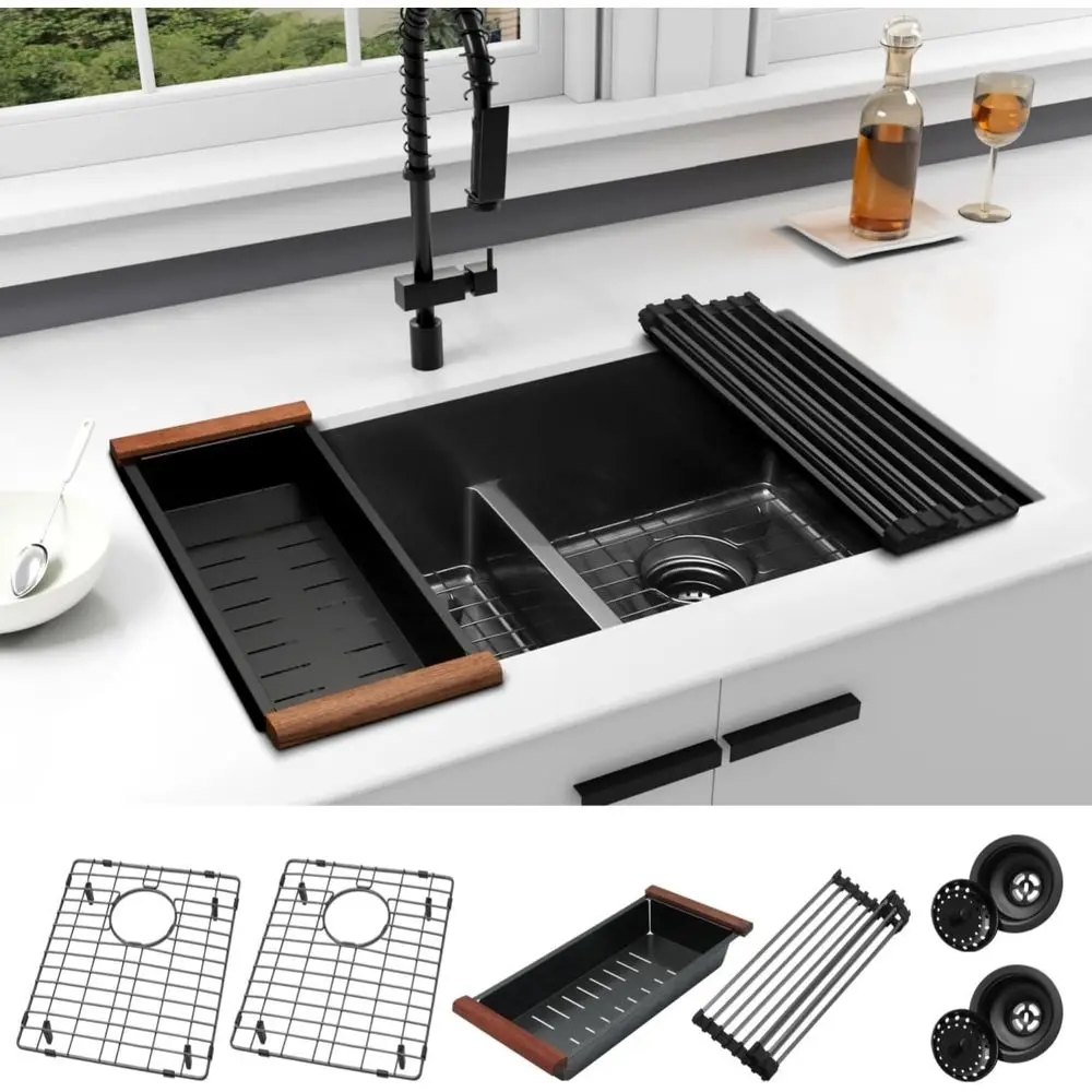 

Двойная кухонная мойка 32x18 дюймов, черная, подстольная, из нержавеющей стали 16 калибра, с особым низким разделителем