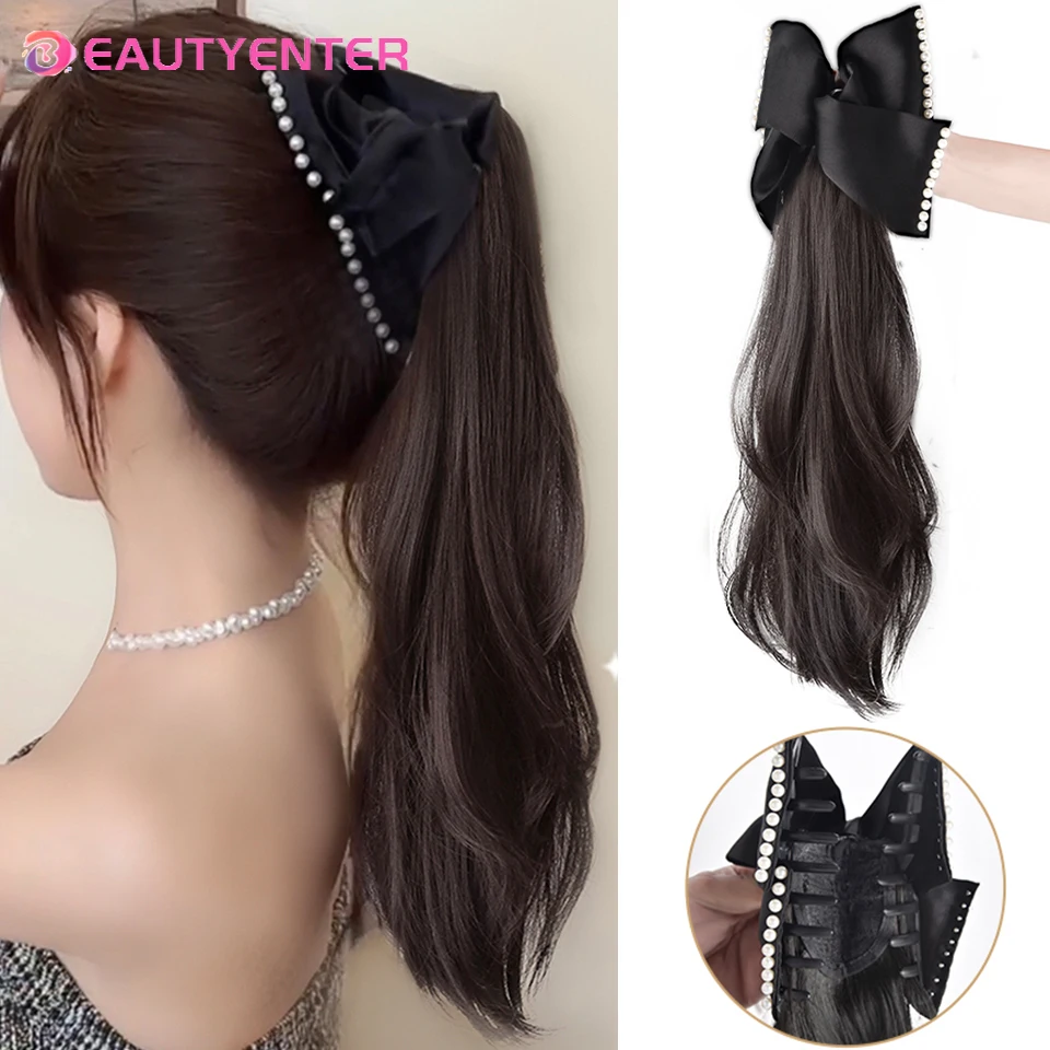 

BEAUTYENTER Bow Knot Ponytail Wig Clip Type Fountain High Ponytail Female Retro Pearl Low Tie Wig Ponytail Braid