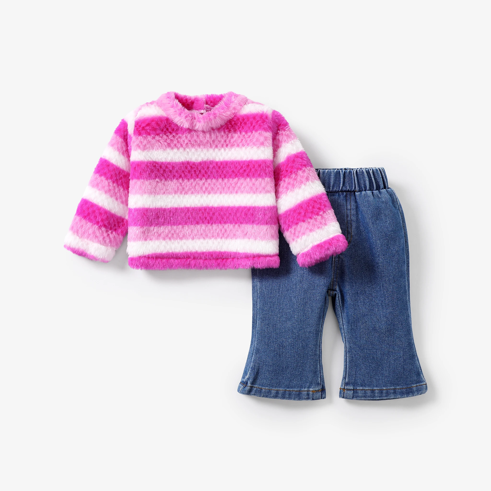 

PatPat 2pcs Baby Girl Stripe Horn Edge Loose Fuzzy Colorblock Sweatshirt and Denim Flares Sets